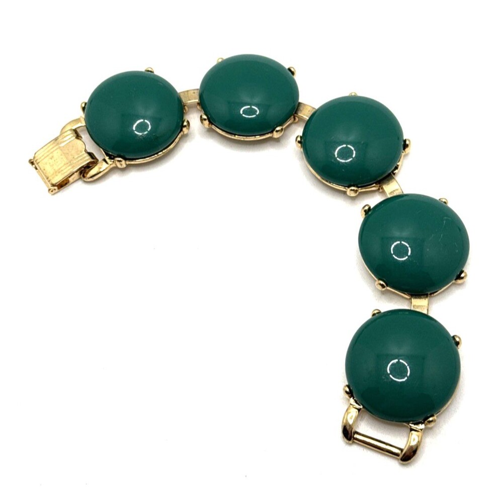Vintage Chunky Dark Green Round Cabochon Bracelet Gold Tone Statement 8"